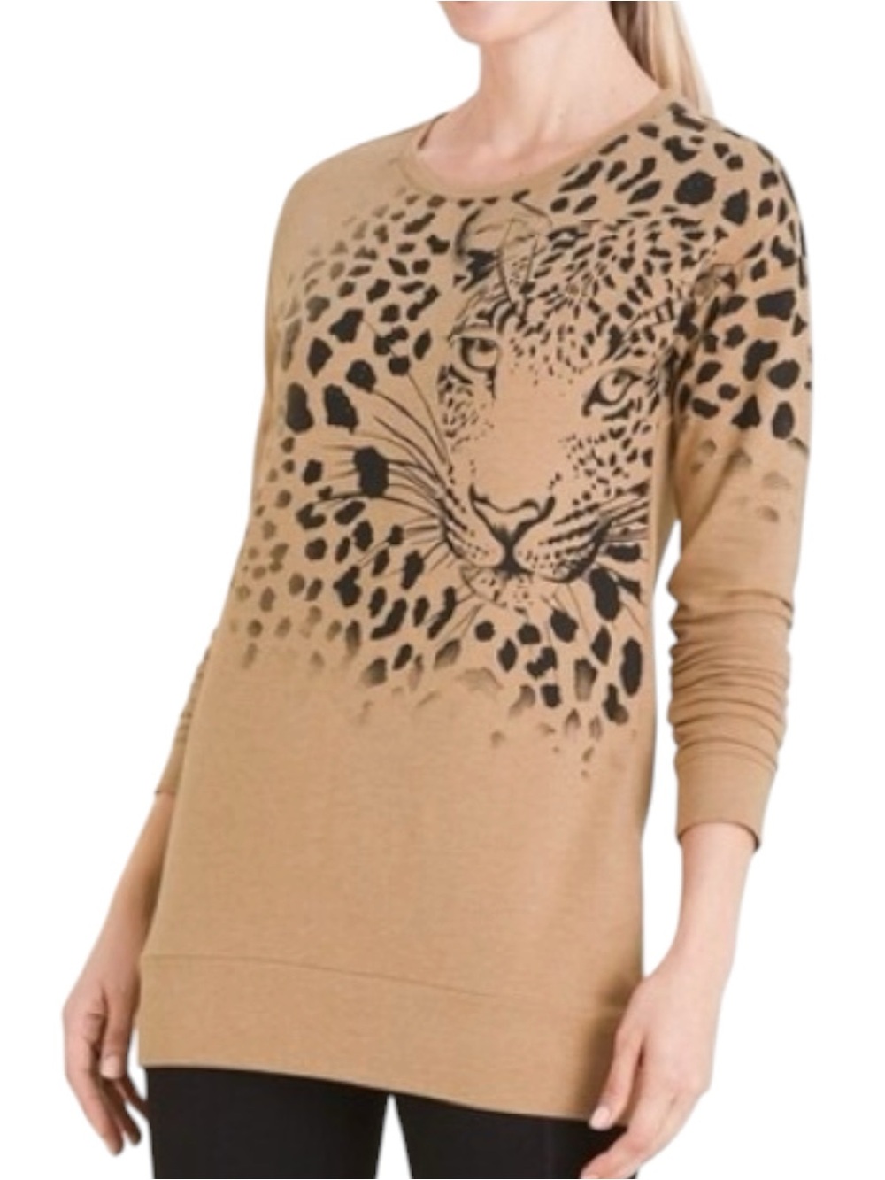 Chico's 1 Sz MEDIUM Tan Black Leopard Graphic Rhinestone Oversized Sweatshirt